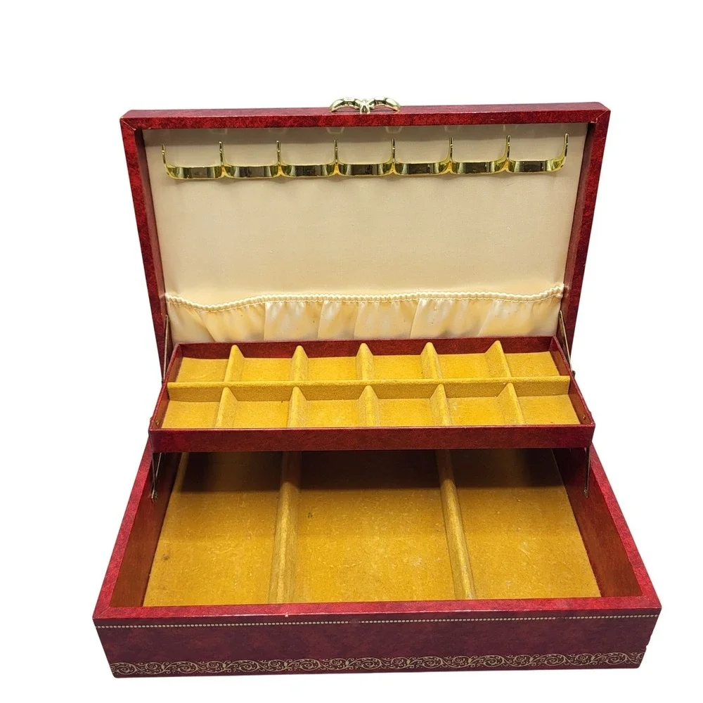 Vintage Mele Jewelry Box Womens Red Tiered Faux Leather Gold Filigree AS IS